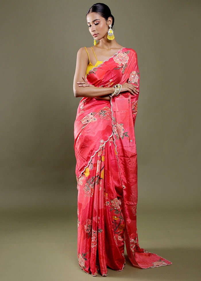 Pink Printed Pure Silk Saree Without Blouse Piece