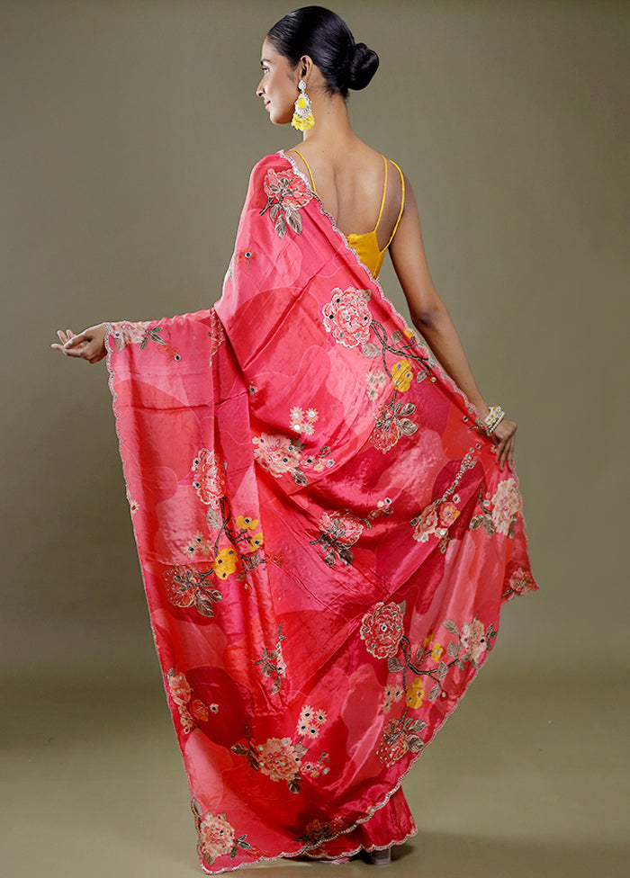 Pink Printed Pure Silk Saree Without Blouse Piece