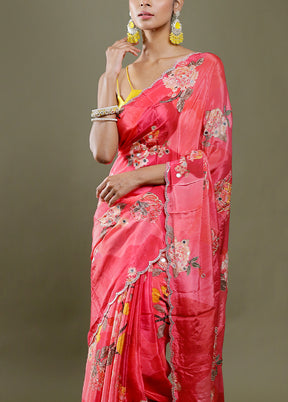 Pink Printed Pure Silk Saree Without Blouse Piece