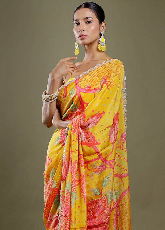 Yellow Printed Pure Silk Saree Without Blouse Piece