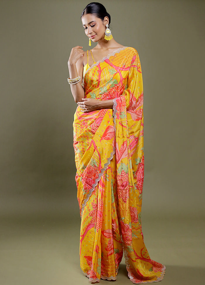 Yellow Printed Pure Silk Saree Without Blouse Piece