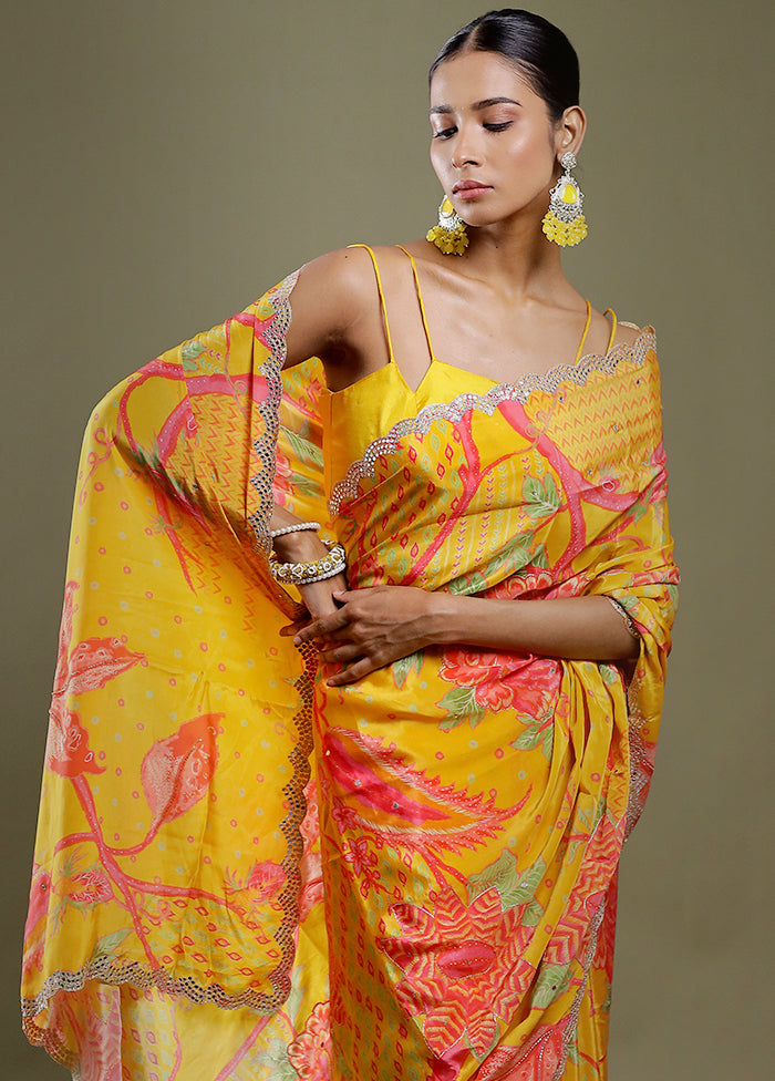 Yellow Printed Pure Silk Saree Without Blouse Piece