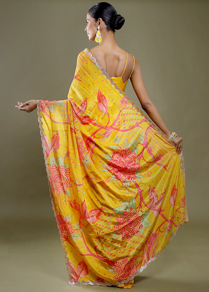 Yellow Printed Pure Silk Saree Without Blouse Piece