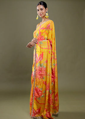 Yellow Printed Pure Silk Saree Without Blouse Piece