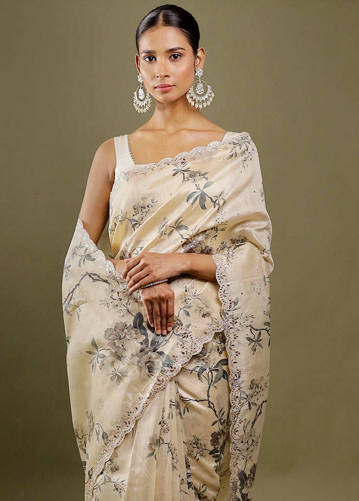 Cream Printed Pure Silk Saree Without Blouse Piece