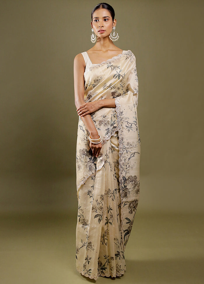 Cream Printed Pure Silk Saree Without Blouse Piece