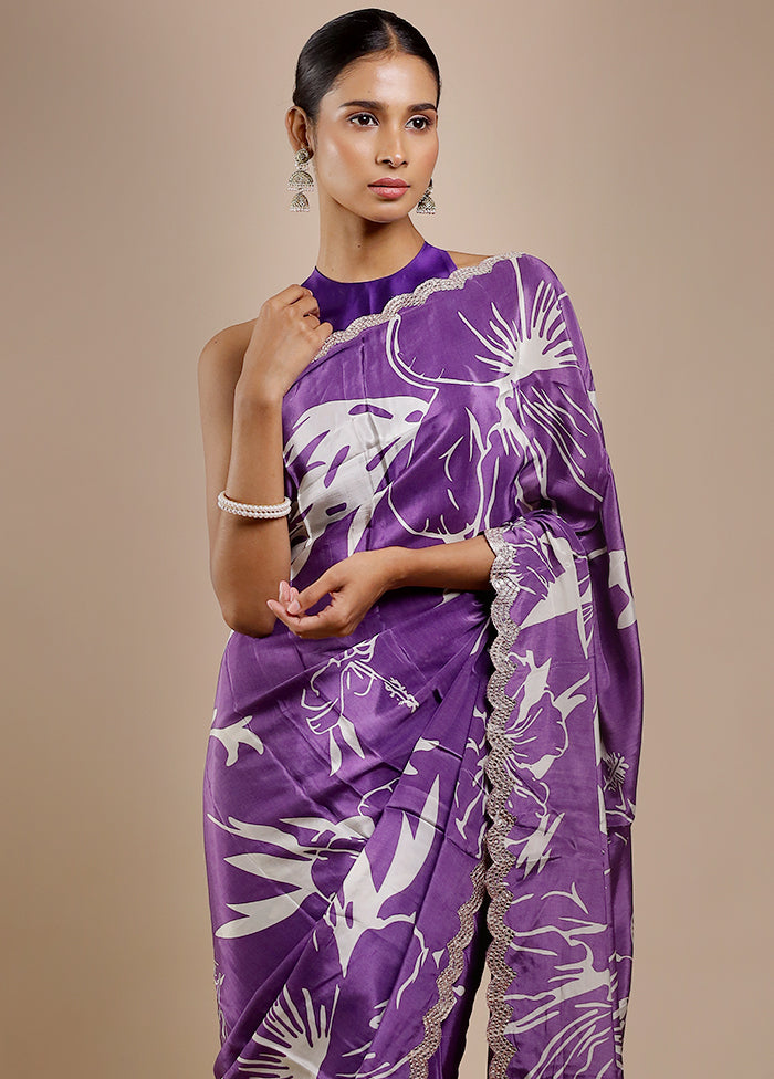 Purple Printed Pure Silk Saree Without Blouse Piece