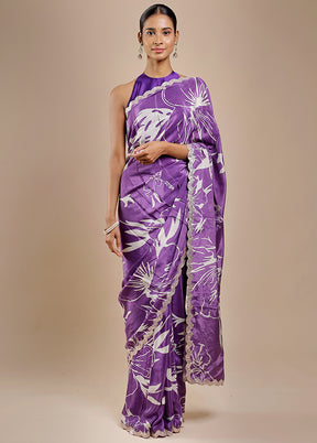 Purple Printed Pure Silk Saree Without Blouse Piece