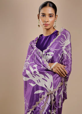 Purple Printed Pure Silk Saree Without Blouse Piece