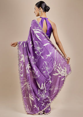 Purple Printed Pure Silk Saree Without Blouse Piece