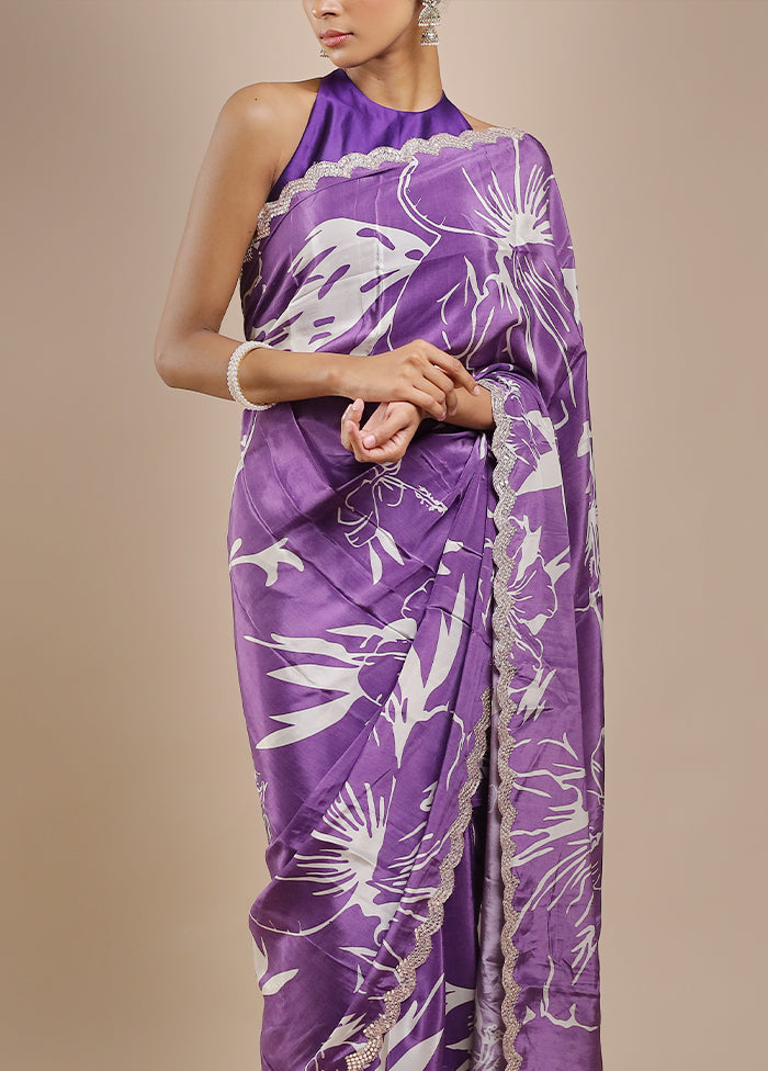 Purple Printed Pure Silk Saree Without Blouse Piece