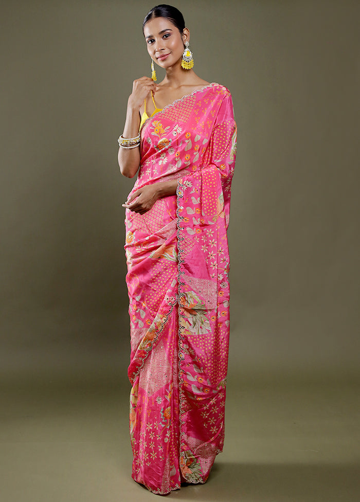 Pink Printed Pure Silk Saree Without Blouse Piece