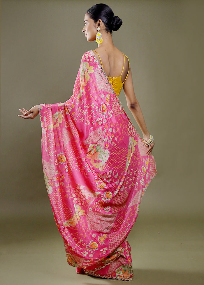 Pink Printed Pure Silk Saree Without Blouse Piece