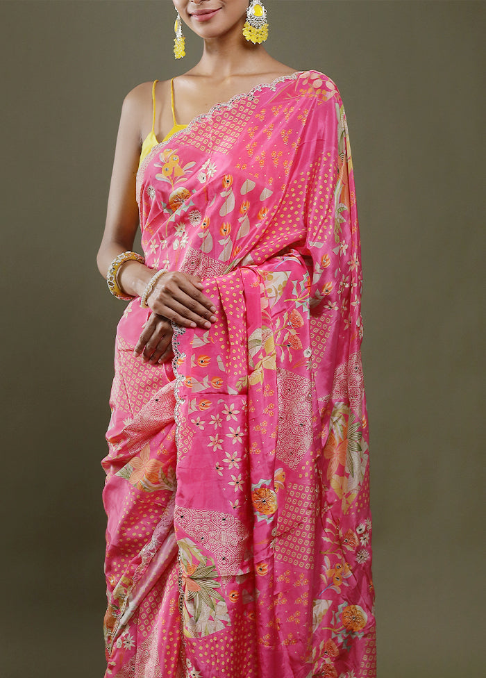 Pink Printed Pure Silk Saree Without Blouse Piece