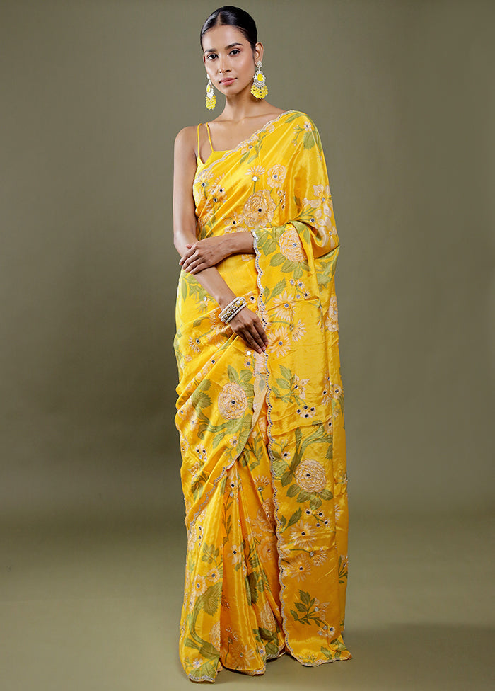 Yellow Printed Pure Silk Saree Without Blouse Piece