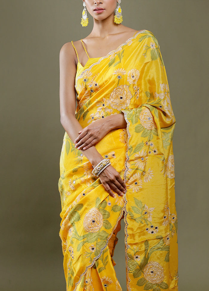 Yellow Printed Pure Silk Saree Without Blouse Piece