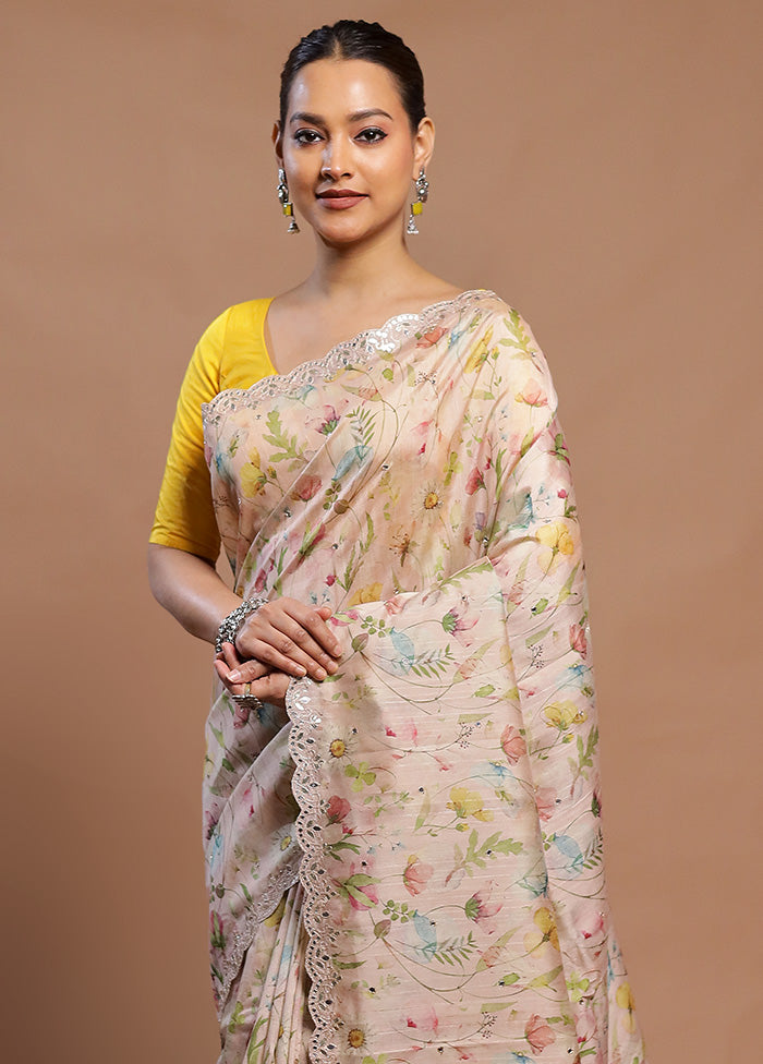 Cream Tussar Silk Saree With Blouse Piece