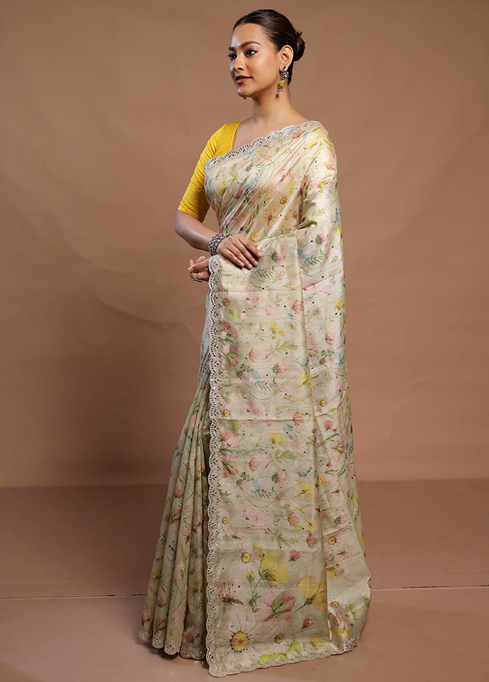 Cream Tussar Silk Saree With Blouse Piece