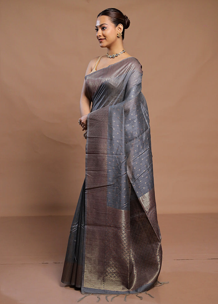 Grey Tussar Silk Saree With Blouse Piece