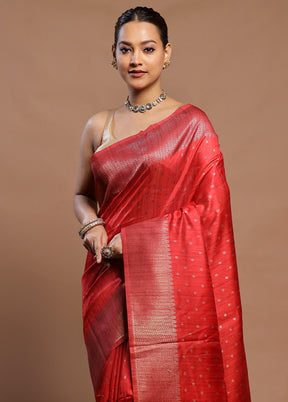 Red Tussar Silk Saree With Blouse Piece