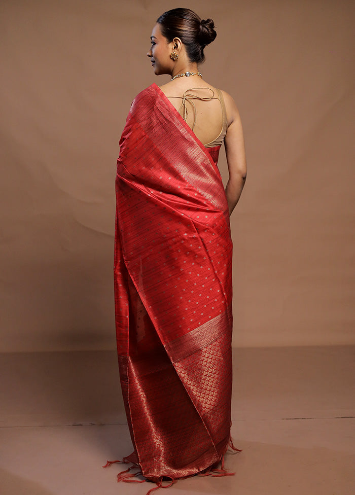 Red Tussar Silk Saree With Blouse Piece