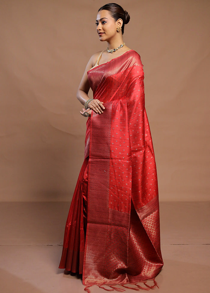 Red Tussar Silk Saree With Blouse Piece