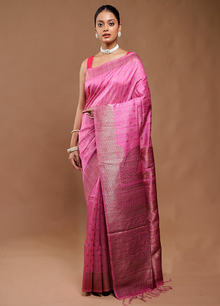 Pink Tussar Silk Saree With Blouse Piece