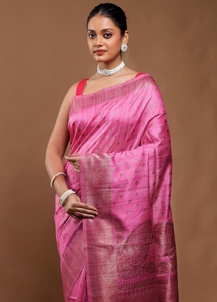 Pink Tussar Silk Saree With Blouse Piece