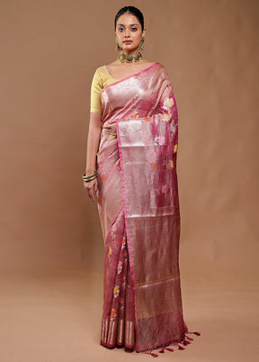 Pink Crushed Tissue Silk Saree With Blouse Piece