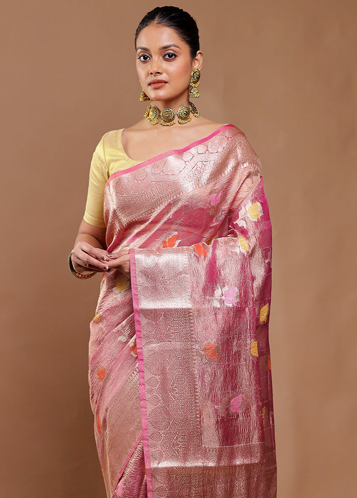 Pink Crushed Tissue Silk Saree With Blouse Piece