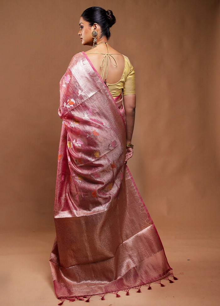 Pink Crushed Tissue Silk Saree With Blouse Piece