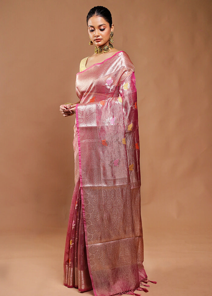 Pink Crushed Tissue Silk Saree With Blouse Piece