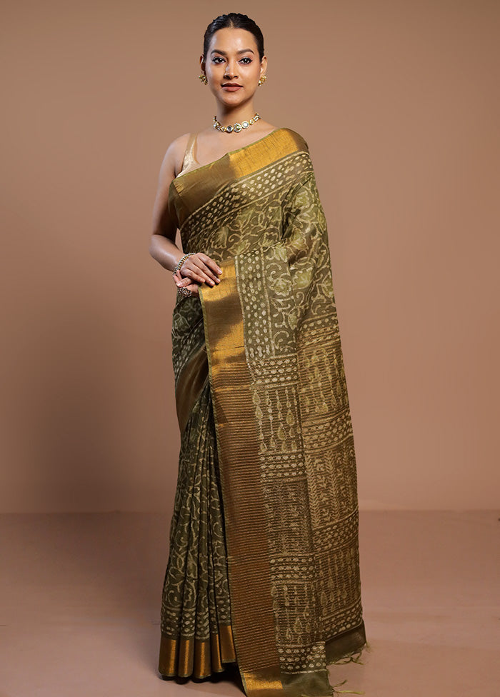 Green Linen Silk Saree With Blouse Piece