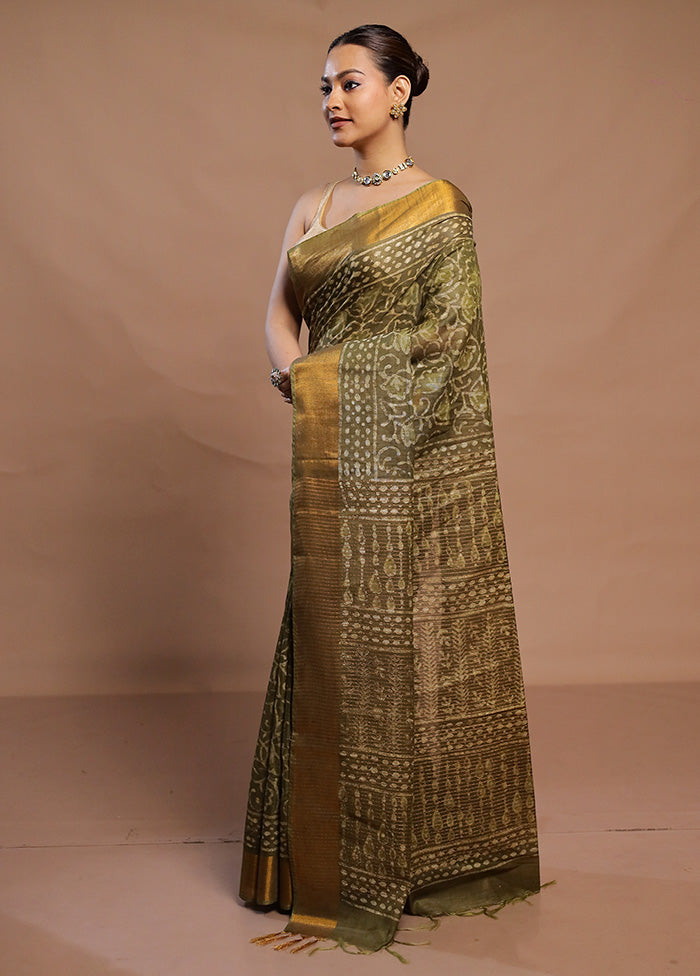 Green Linen Silk Saree With Blouse Piece