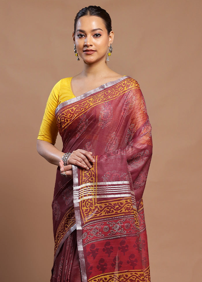 Maroon Linen Silk Saree With Blouse Piece