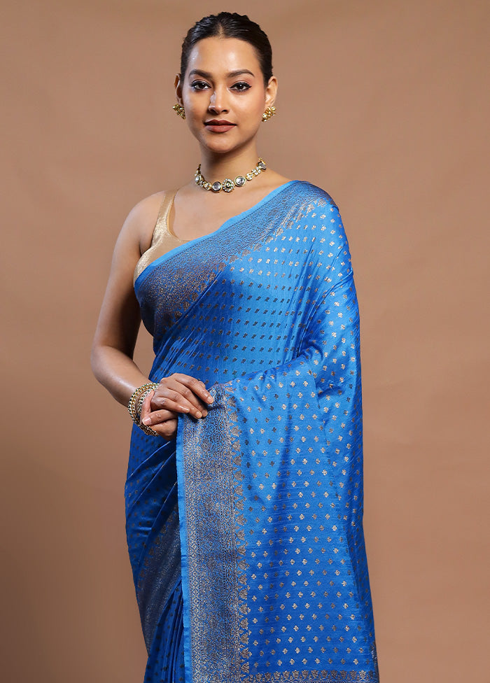 Blue Dupion Silk Saree With Blouse Piece