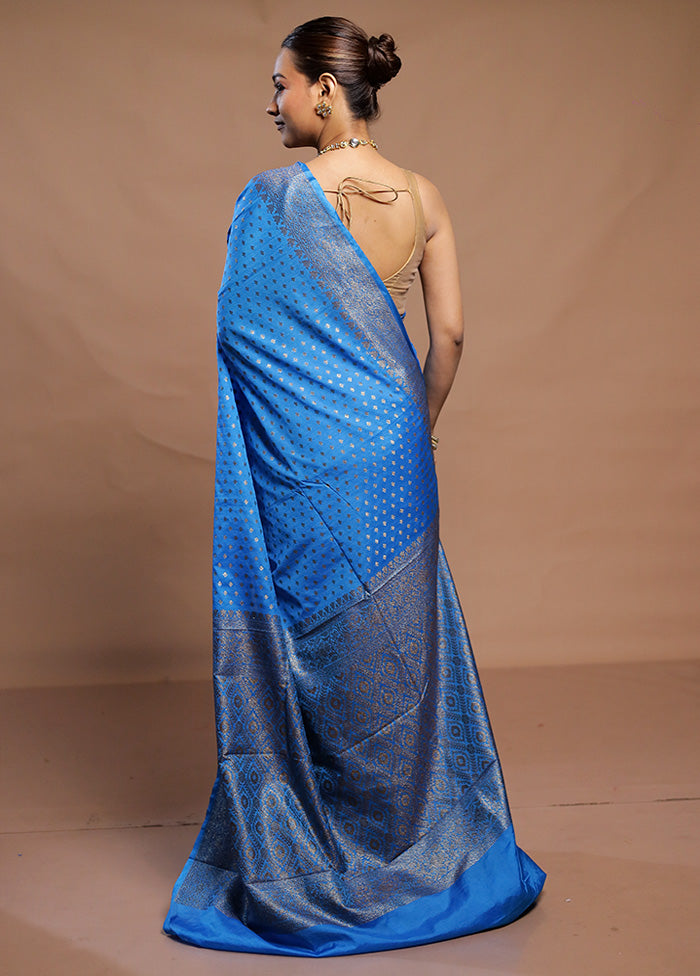 Blue Dupion Silk Saree With Blouse Piece