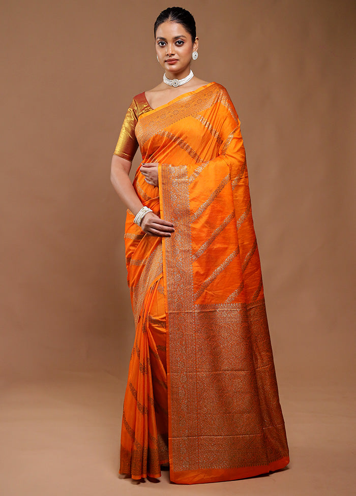 Orange Dupion Silk Saree With Blouse Piece