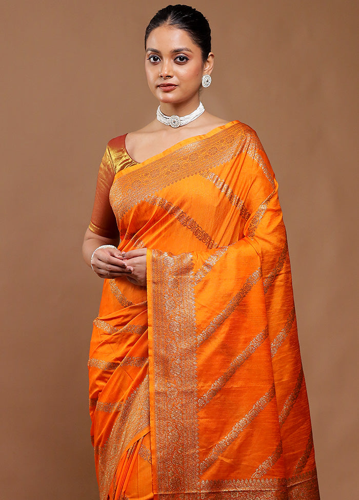 Orange Dupion Silk Saree With Blouse Piece