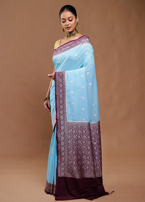 Blue Dupion Silk Saree With Blouse Piece