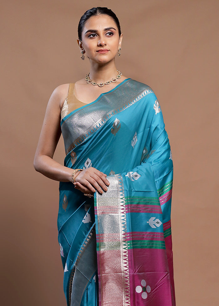 Blue Dupion Silk Saree With Blouse Piece