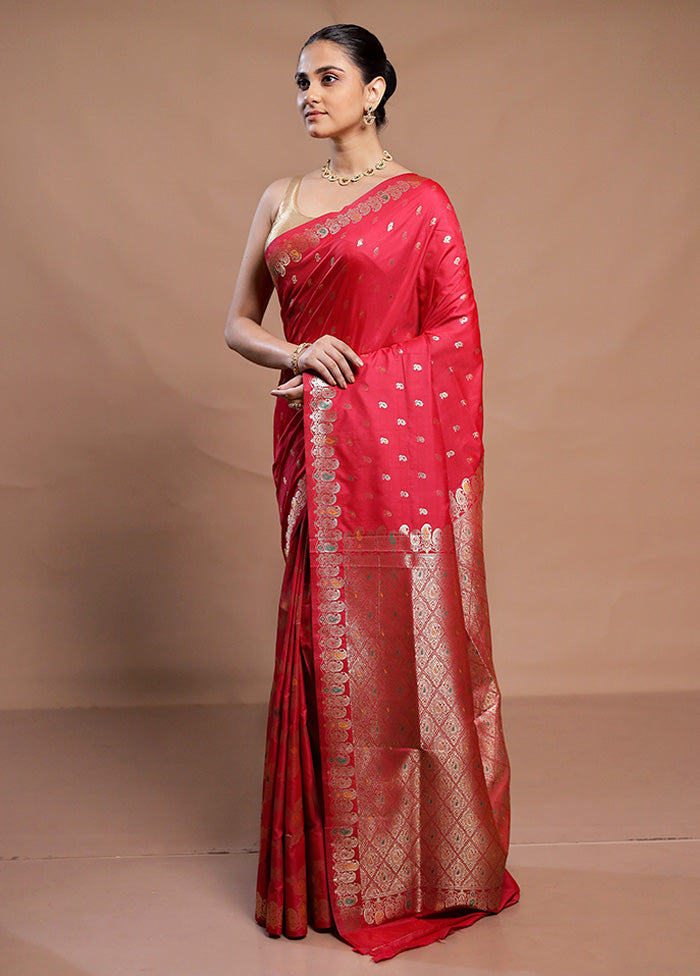 Red Dupion Silk Saree With Blouse Piece