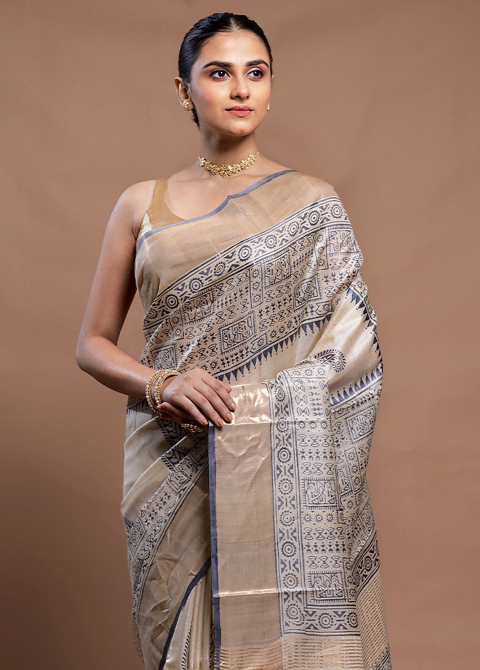 Cream Tussar Silk Saree With Blouse Piece