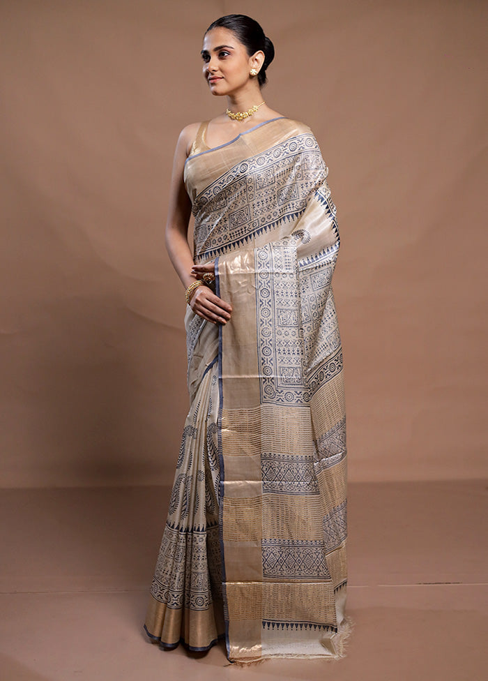 Cream Tussar Silk Saree With Blouse Piece