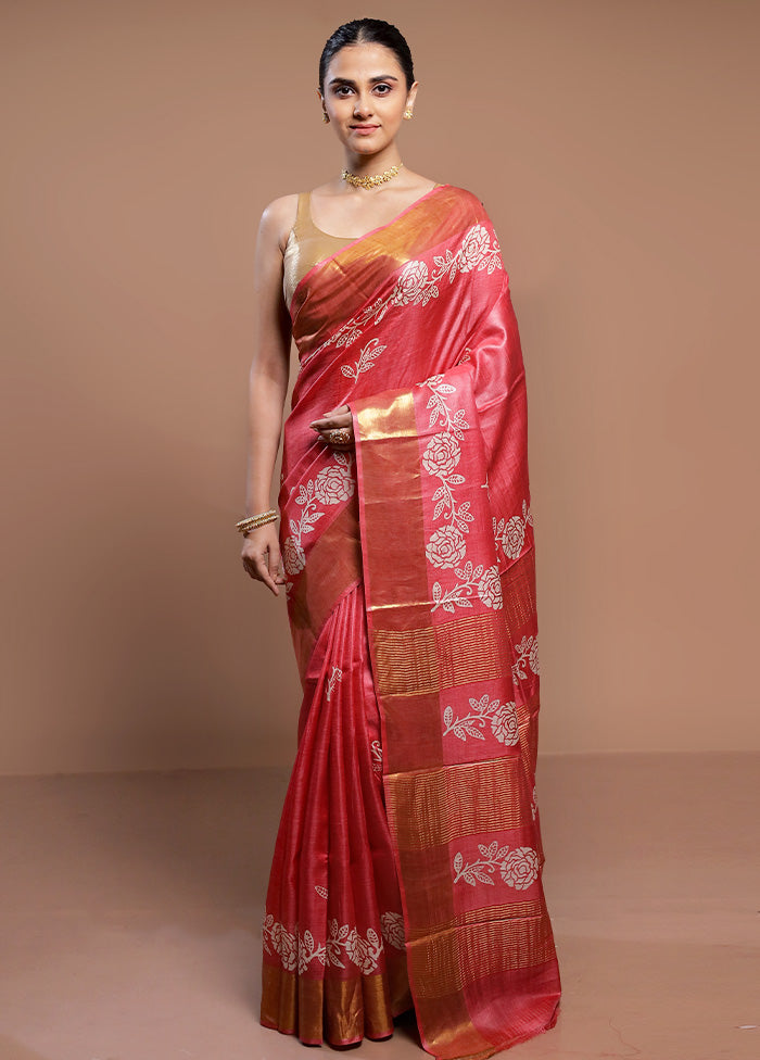 Pink Tussar Silk Saree With Blouse Piece