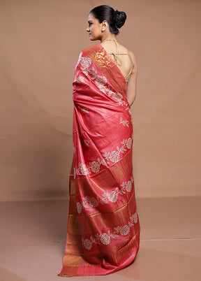 Pink Tussar Silk Saree With Blouse Piece