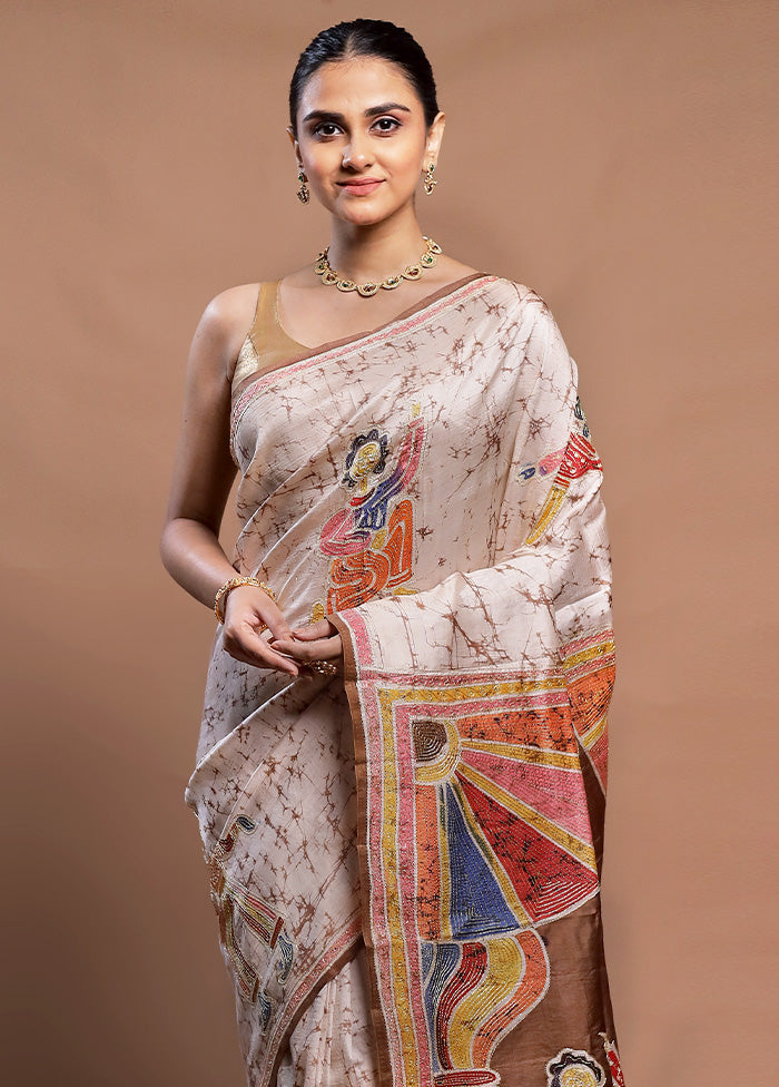 Cream Pure Bishnupuri Stich Saree Without Blouse Piece