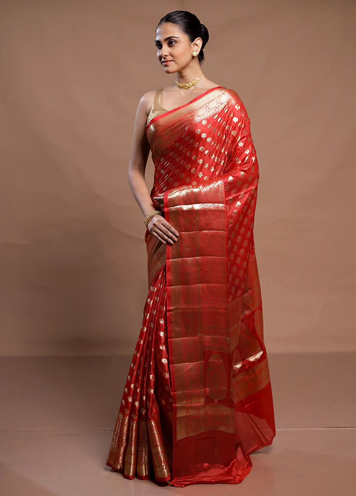 Red Dupion Silk Saree With Blouse Piece