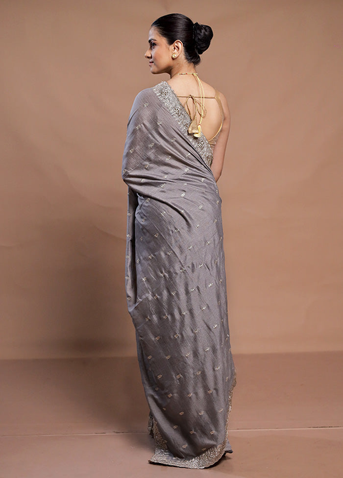 Grey Tussar Silk Saree With Blouse Piece