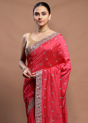 Pink Tussar Silk Saree With Blouse Piece